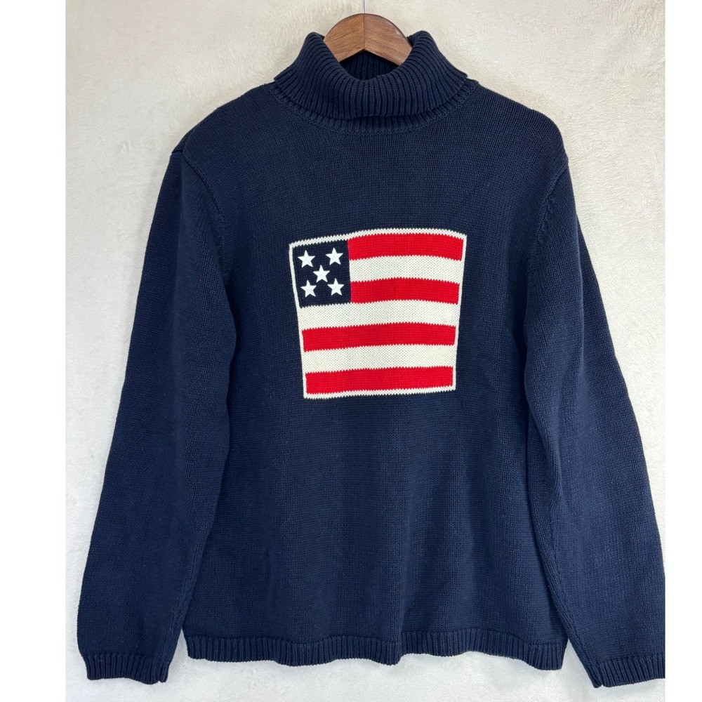 VINTAGE American Flag Sweater Navy Blue Turtleneck Long Sleeve Cotton 90s Large